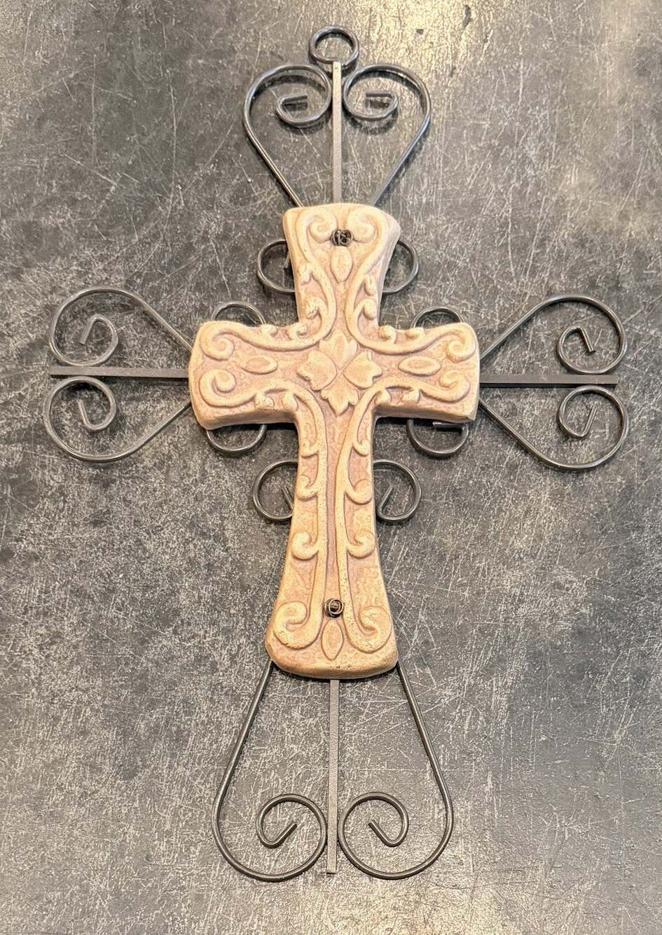 15.5” x 10” Brown Ceramic & Iron Cross Wall Decor With Curled Heart Ends